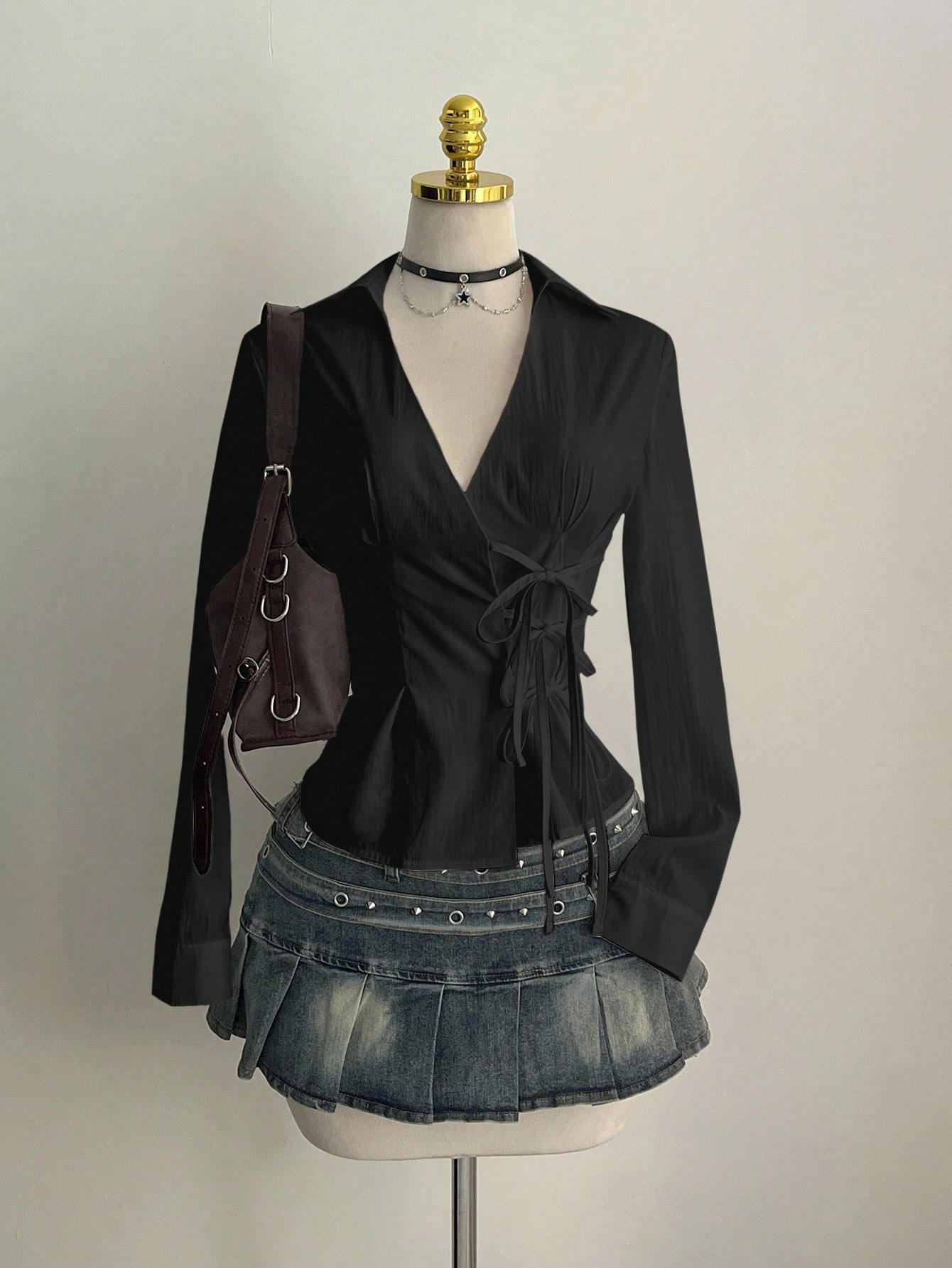 Unique Leather Work - 하라주쿠 여성용 셔츠 독특한 미학 슬림핏