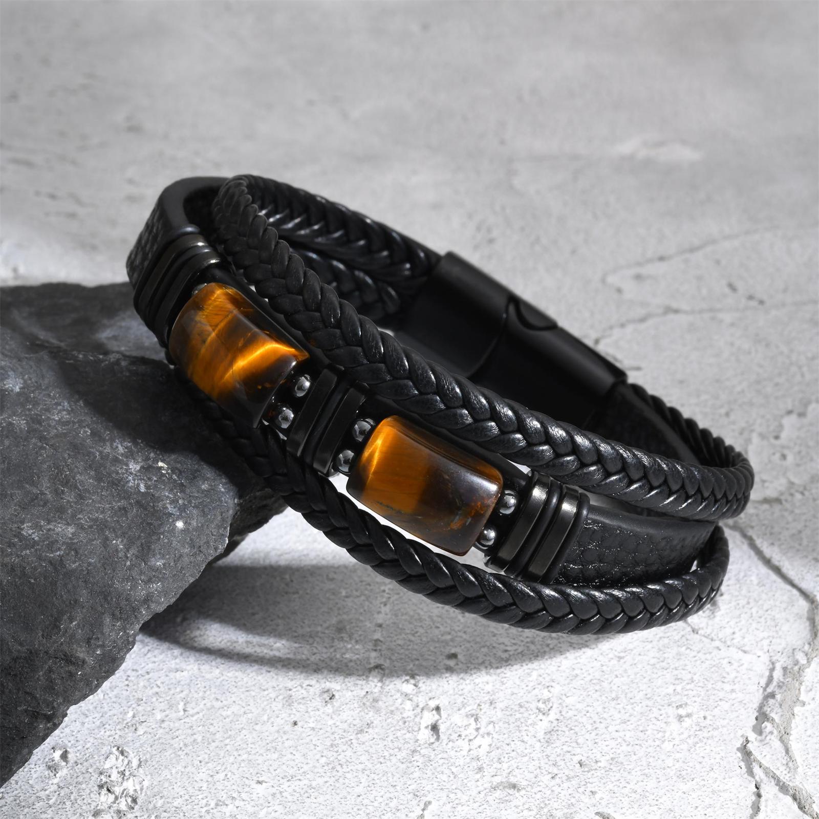 Leatherwork Jewelry - 남성용 땋은 가죽 팔찌 호안석 블랙